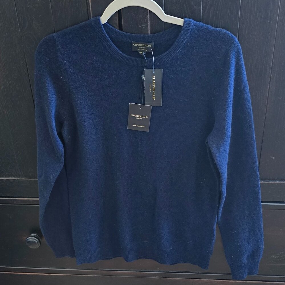 NWT Charter Club Navy Crewneck Cashmere Sweater Size Small S Org $159